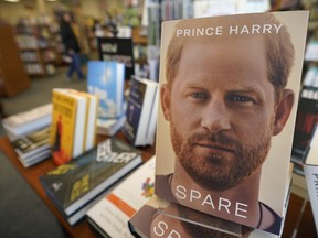 Copies of the new book by Prince Harry called "Spare" are displayed at Sherman's book store in Freeport, Maine, Tuesday, Jan. 10, 2023. Prince Harry's memoir provides a varied portrait of the Duke of Sussex and the royal family.
