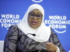The President of Tanzania Samia Suluhu Hassan speaks at the World Economic Forum in Davos, Switzerland Thursday, Jan. 19, 2023. The annual meeting of the World Economic Forum is taking place in Davos from Jan. 16 until Jan. 20, 2023.