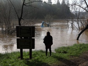 A boat is caught in a tree in the Russian River in Rio Nido, California on Jan. 9.
