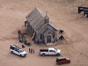 FILE - This aerial photo shows the movie set of "Rust" at Bonanza Creek Ranch in Santa Fe, N.M., on Saturday, Oct. 23, 2021. Prosecutors announced Thursday, Jan. 19, 2023 they are charging Baldwin with involuntary manslaughter in fatal shooting of cinematographer on movie set.