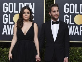 FILE - Molly Gordon, left, and Ben Platt arrive at the 77th annual Golden Globe Awards at the Beverly Hilton Hotel on Sunday, Jan. 5, 2020, in Beverly Hills, Calif. Gordon and Platt appear in "Theater Camp," a loving satire of musical theater kids and their teachers that premieres Saturday at the Sundance Film Festival.