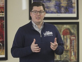 FILE - U.S. Rep. Jake LaTurner, R-Kan., speaks to Republican volunteers during a campaign stop with other GOP candidates, Nov. 7. 2022, at a restaurant in Topeka, Kan. A criminal trial is set to start Tuesday, Jan. 17, 2023, for a northeastern Kansas man who federal prosecutors say developed a fixation on LaTurner and threatened to kill him, at a time when authorities have seen a sharp increase in threats to the nation's lawmakers and their families.