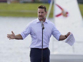 FILE - U.S. Rep. Greg Steube, R-Fla., speaks during a campaign event, Oct. 27, 2020, in Sarasota, Fla. The Florida congressman was injured in an accident at his home Wednesday, Jan. 18, 2023, his office said.