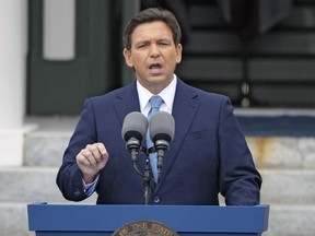 FILE - Florida Gov. Ron DeSantis speaks after being sworn in to begin his second term during an inauguration ceremony outside the Old Capitol on Jan. 3, 2023, in Tallahassee, Fla. DeSantis' administration has blocked a new Advanced Placement course on African-American studies from being taught in high schools, saying the class violates state law and that it is historically inaccurate.