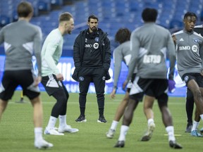 CF Montreal head coach Hernan Losada looks over a practice during the first day of training camp in Montreal on Monday, January 9, 2023.