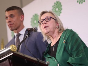Elizabeth May speaks as co-leadership candidate Jonathan Pedneault looks on after May was elected the new leader of the Green Party in Ottawa on Saturday, November 19, 2022.