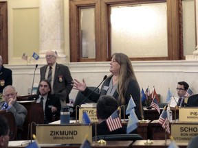 South Dakota Sen. Julie Frye-Mueller speaks in a Senate session, Thursday, Jan. 26, 2023 in Pierre, S.D.. She was suspended from holding lawmaking power while the Senate investigates an exchange she had with a legislative aide over vaccines.