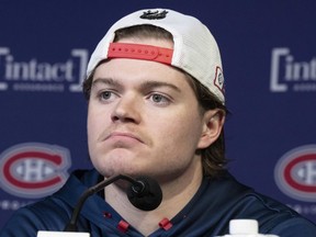 Montreal Canadiens forward Cole Caufield speaks to the media about his season-ending shoulder injury Friday, January 27, 2023 in Montreal.