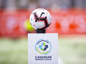 The game ball sits on a pedestal ahead of the inaugural soccer match of the Canadian Premier League in Hamilton, Ont. on April 27, 2019.