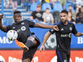 CF Montréal has signed midfielder Victor Wanyama to a two-year contract extension through the 2024 Major League Soccer season. Wanyama takes a shot on goal as teammate Rudy Camacho looks on during first half MLS soccer action against Toronto FC in Montreal, on July 16, 2022.