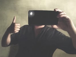 Illustration of man without head posing for a selfie, surreal concept