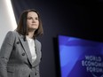 Belarus opposition leader Sviatlana Tsikhanouskaya attends a session at the World Economic Forum in Davos, Switzerland Tuesday, Jan. 17, 2023. The annual meeting of the World Economic Forum is taking place in Davos from Jan. 16 until Jan. 20, 2023.