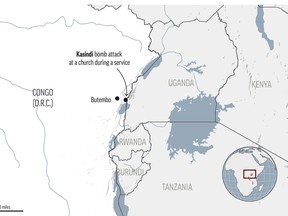 A suspected extremist attack at a church in eastern Congo killed at least 10 people and wounded more than three dozen, according to the country's army.