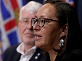 Dr. Nel Wieman with the First Nations Health Authority speaks about the illicit drug toxicity deaths in the province and about the effect on First Nation's communities during a press conference at B.C. Legislature in Victoria, B.C., on Monday, February 24, 2020.