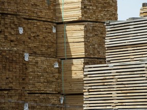 Fresh cut lumber is pictured stacked at a mill along the Stave River in Maple Ridge, B.C. Thursday, April 25, 2019. Canada's international trade minister says the United States appears to be pressing ahead with what she calls "unjustified" duties on softwood lumber imports.