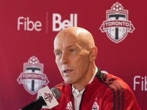 Toronto FC new head coach Bob Bradley speaks to the media in Toronto, Wednesday, Nov. 24, 2021. Coach Bob Bradley says Toronto FC is "close to finalizing" a new No. 1 goalkeeper, with free agent Sean Johnson, the club's expected target.