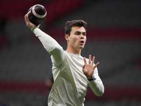 B.C. Lions quarterback Nathan Rourke throws the football before the CFL western semi-final football game against the Calgary Stampeders in Vancouve on November 6, 2022.