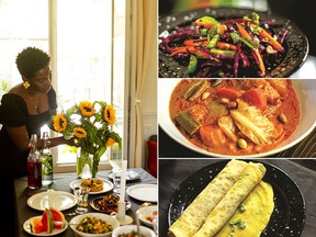 From top to bottom: red cabbage salad with mango and peanuts, vegetable mafe and savoury Mauritian crêpes from Marie Kacouchia's cookbook debut, Vegan Africa
