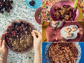 Clockwise from left: cherry and brown butter buckwheat crisp, no-bake grapefruit bars and flourless chocolate meringue cake recipes from What's for Dessert.