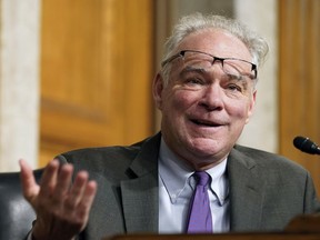 FILE - Sen. Tim Kaine, D-Va., speaks during a Senate Armed Services hearing on Capitol Hill, on July 21, 2022, in Washington. Kaine, the 2016 Democratic vice presidential nominee and a fixture of Virginia politics, is expected to address speculation about whether he will seek reelection to the U.S. Senate next year on Jan. 20, 2023, when he speaks in Richmond, Va.