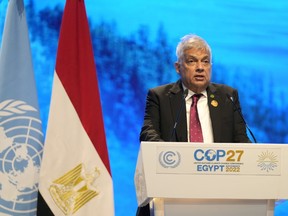 FILE - Sri Lankan President Ranil Wickremesinghe speaks at the COP27 U.N. Climate Summit in Sharm el-Sheikh, Egypt, Tuesday, Nov. 8, 2022. Wickremesinghe suspended Parliament until Feb. 8, when he said he would announced a new set of long-term policies to address a range of issues including an unprecedented economic crisis that has engulfed the Indian Ocean island nation for months.