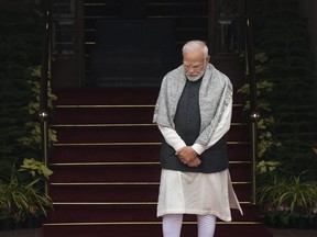 Indian Prime Minister Narendra Modi waits for the arrival of Egyptian President Abdel Fattah El-Sisi at Hyderabad house, in New Delhi, India, Wednesday, Jan. 25, 2023. Days after India blocked a BBC documentary that examines Modi's role during 2002 anti-Muslim riots and banned people from sharing it online, authorities are scrambling to halt screenings of the film in colleges and universities and restricting its clips on social media, a move that has been decried by critics as an assault on press freedom.