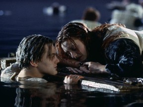 Kate Winslet as Rose and Leonardi DiCaprio as Jack in the raft scene of Titanic.