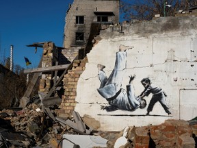 A graffiti in Banksy's signature style is seen in Ukraine in this picture obtained from social media released on November 12, 2022.