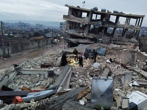 The aftermath of earthquakes that devastated Turkey and Syria on Feb. 6, 2023 is shown in the town of Jandairis in the Afrin District in Aleppo, northern Syria.