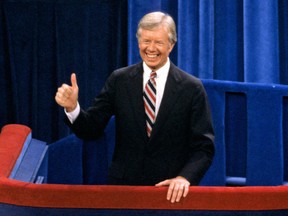 United States President Jimmy Carter delivers his speech accepting his party's nomination for reelection as President of the United States at the 1980 Democratic National Convention in Madison Square Garden in New York, New York on August 13, 1980.