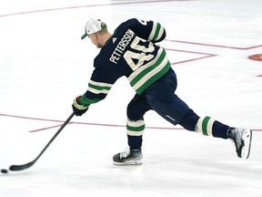 Vancouver Canucks Elias Pettersson (40) competes during the NHL All Star Skills Showcase, Friday, Feb. 3, 2023, in Sunrise, Fla. Pettersson won the hardest shot event with a blast off the lanky centre's stick that registered 103.2 miles per hour, beating out Alex Ovechkin and three other competitors.