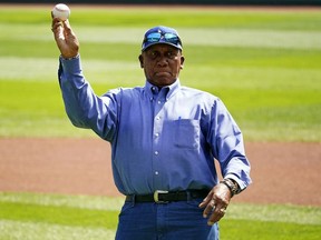 Baseball Hall of Famer Ferguson Jenkins throws out a ceremonial first pitch before a baseball game between Davenport, Iowa, and Bonney Lake, Wash., at the Little League World Series in South Williamsport, Pa., Saturday, Aug. 20, 2022.Jenkins will be honoured by his hometown with a new statue in Chatham-Kent, Ont.