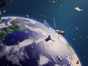 Artist's interpretation of space trash objects circling planet Earth.