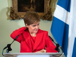 Scotland's First Minister, and leader of the Scottish National Party (SNP), Nicola Sturgeon, speaks during a press conference at Bute House in Edinburgh where she announced she will stand down as First Minister, in Edinburgh on February 15, 2023.