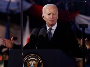 U.S. President Joe Biden delivering a speech at the Royal Warsaw Castle Gardens in Warsaw, Poland on February 21, 2023.