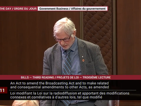 Senator David Richards seen delivering a lengthy denunciation of Bill C-11, which would impose strict Canadian content controls across much of the internet.