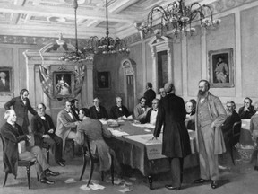 A photo of the J.D. Kelly painting of the Fathers of Confederation gathering in London, England, in 1866.