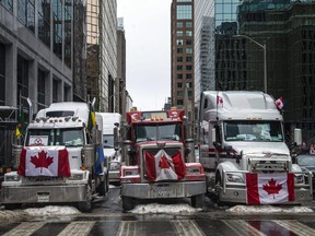 Trucks from the Freedom Convoy block Ottawa streets in February, 2022.