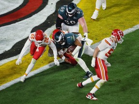 Philadelphia Eagles’ Jalen Hurts scores a two-point conversion at the Super Bowl LVII on February 12, 2023.