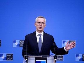 NATO Secretary General Jens Stoltenberg addresses a press conference ahead of a NATO Defence ministers' meeting at the NATO headquarters in Brussels on February 13, 2023.