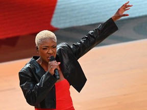 Jully Black sings O Canada at an NBA All-Stars Game on Feb. 19, 2023.