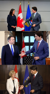 This week, Alberta Premier Danielle Smith was able to continue the province’s long tradition of skeptically shaking the hand of a Liberal Prime Minister. Above are file photos of predecessors Jason Kenney and Rachel Notley also preparing for an uncomfortable public embrace with Prime Minister Justin Trudeau.