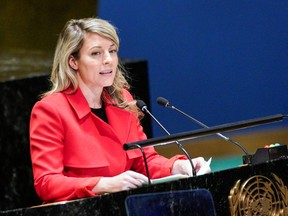 Foreign Affairs Minister Mélanie Joly speaks during a high-level meeting of the United Nations General Assembly to mark one year since Russia invaded Ukraine, at UN headquarters in New York City, February 22, 2023.