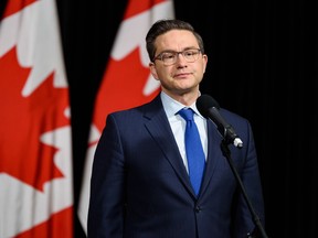 Federal Conservative Party leader Pierre Poilievre speaks at a news conference in Calgary on February 17, 2023.