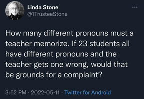 A May 11 tweet by Stone which spurred an official condemnation by the Durham District School Board. It was later cited as “exhibit 2” in an investigator’s report recommending her censure.