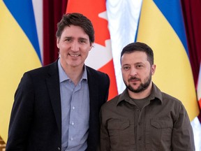 Prime Minister Justin Trudeau and Ukraine President Volodymyr Zelenskyy pose before a meeting in Kyiv, Ukraine, on May 8, 2022.
