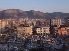 An aerial photo shows collapsed buildings in Antakya on Feb. 11, 2023.