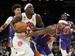 Toronto Raptors forward Pascal Siakam (43) drives past Phoenix Suns forward Torrey Craig (0) during the first half of an NBA basketball game, Monday, Jan. 30, 2023, in Phoenix. After seven seasons with the Toronto Raptors, Pascal Siakam is over trade deadline speculation.THE CANADIAN PRESS/AP, Rick Scuteri