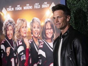 NFL quarterback Tom Brady, a cast member and producer of "80 for Brady," poses at the premiere of the film, Tuesday, Jan. 31, 2023, at the Regency Village Theatre in Los Angeles.