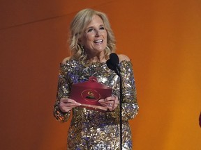 First Lady Jill Biden presents the award for song of the year at the 65th annual Grammy Awards on Sunday, Feb. 5, 2023, in Los Angeles.